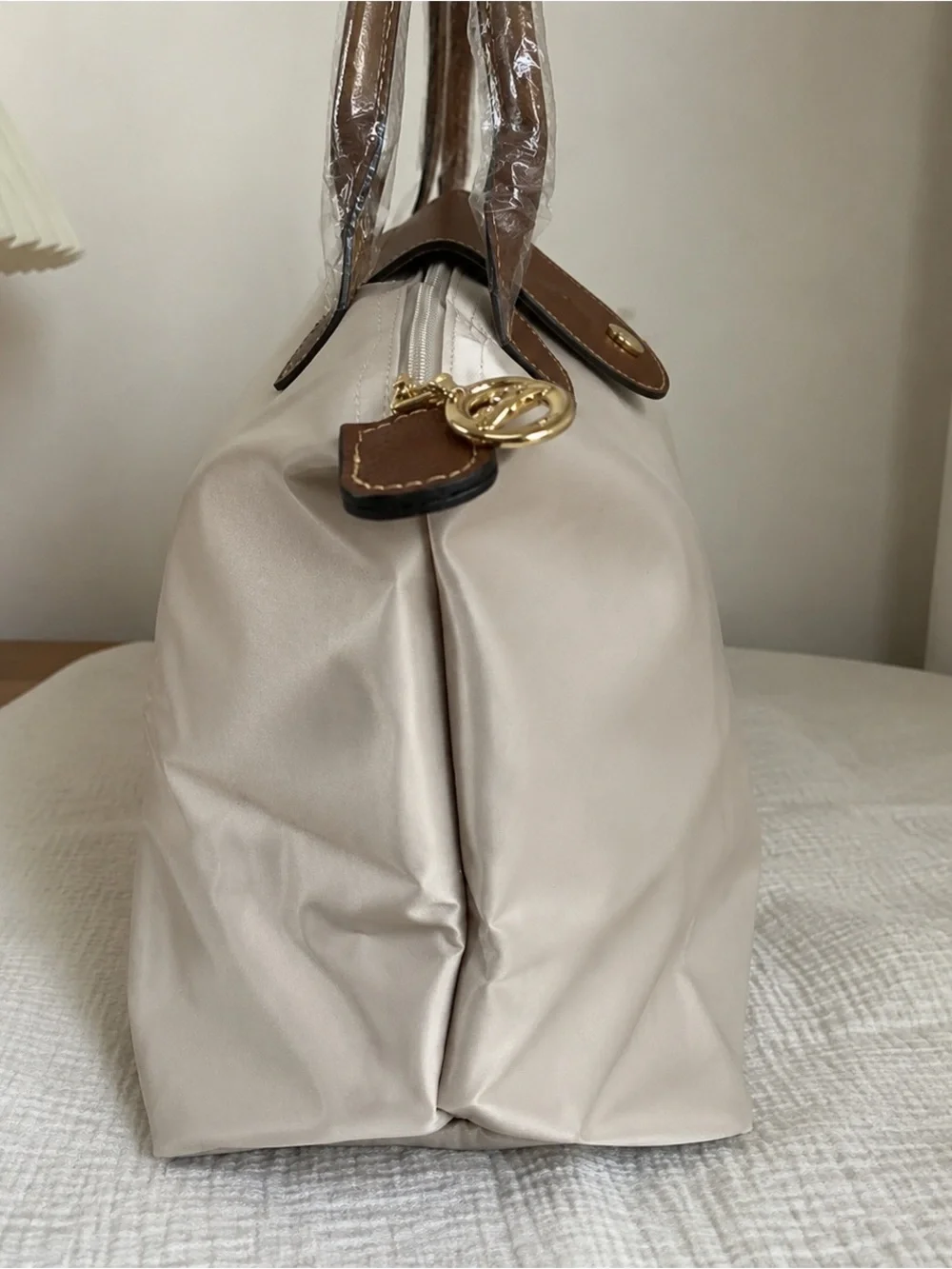 Longchamp Tote in Cream with Brown Trim
